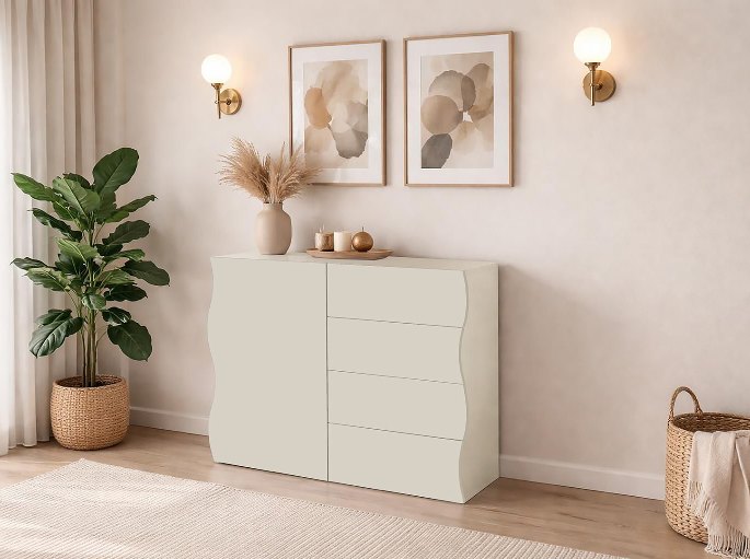 Plateau de rangement long surmonté par un miroir rond dans une chambre rosée