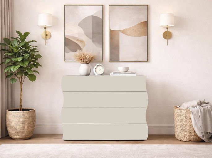Meuble de rangement clair à trois tiroirs installé dans une chambre lumineuse