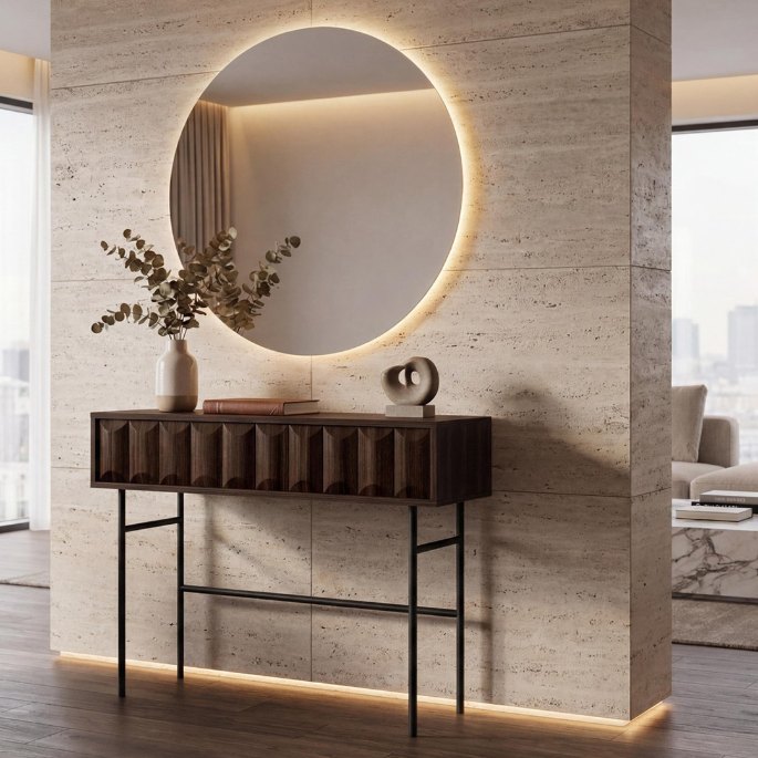 Grand miroir rond rétroéclairé au-dessus d'un meuble d'entrée en bois foncé à façade rainurée
