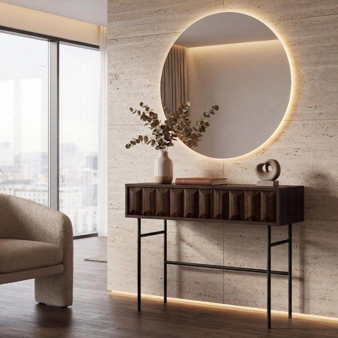 Meuble cannelé à deux tiroirs sous plateau devant un miroir rond lumineux