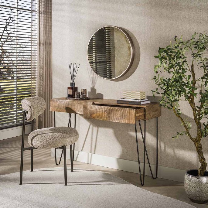 Rangement d’entrée à pieds épingle avec plateau en bois brut