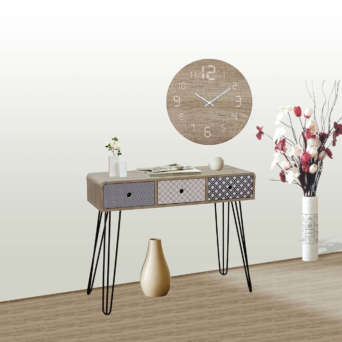 Meuble d'entrée de style scandinave à trois tiroirs, finition chêne