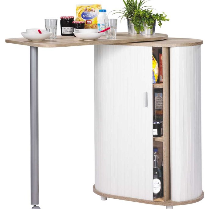 Meuble d'appoint roulant avec niches ouvertes et rideau