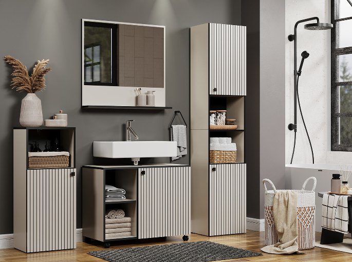Porte battante et façade lisse sur un caisson de rangement gris