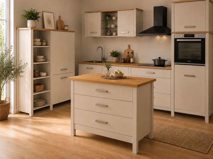 Petit meuble central à tiroirs, teinte cachemire et plateau bois, face à une cuisine en ligne