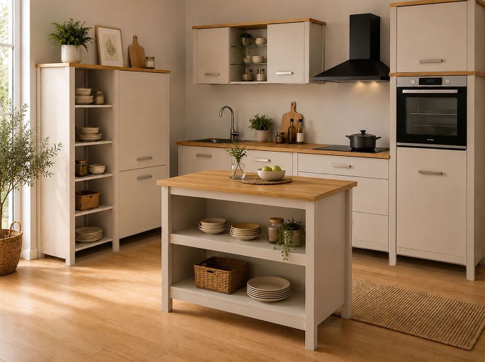Espace de préparation en bois clair et façades beige, avec meuble central à étagères ouvertes