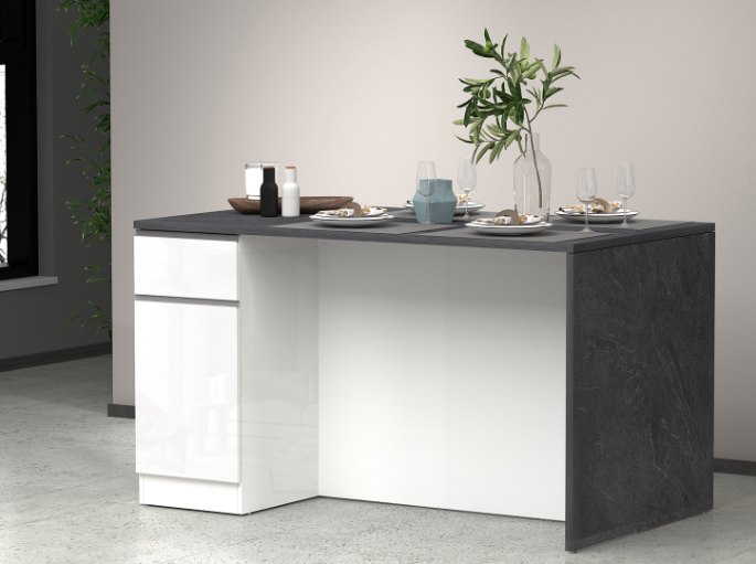 Grand plan central blanc et gris béton posé dans une cuisine ouverte sur la pièce de vie