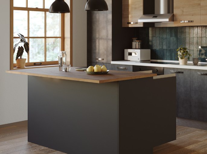 Grand meuble central gris anthracite au milieu d'une cuisine équipée, avec des passages dégagés