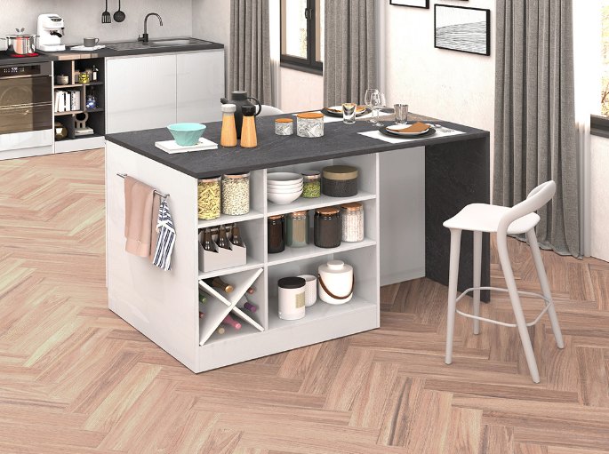 Meuble central blanc à niches ouvertes avec un tabouret haut, devant une cuisine sur parquet