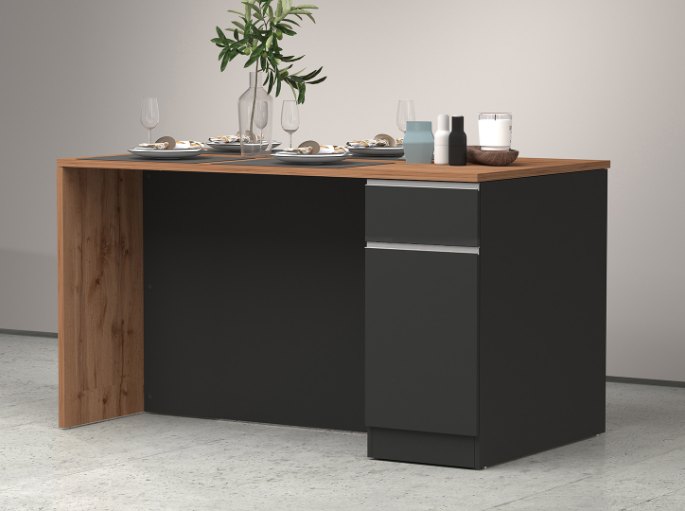 Bloc gris anthracite à plateau effet bois foncé et joue latérale, dressé pour un repas, sur sol en béton ciré