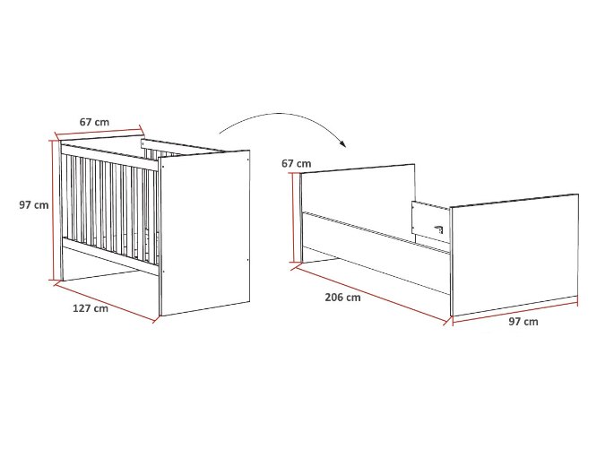 Schéma coté de la transformation d'un couchage à barreaux en lit plus long