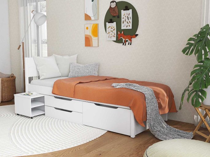Espace nuit avec tiroirs de rangement sous le sommier d'un couchage simple