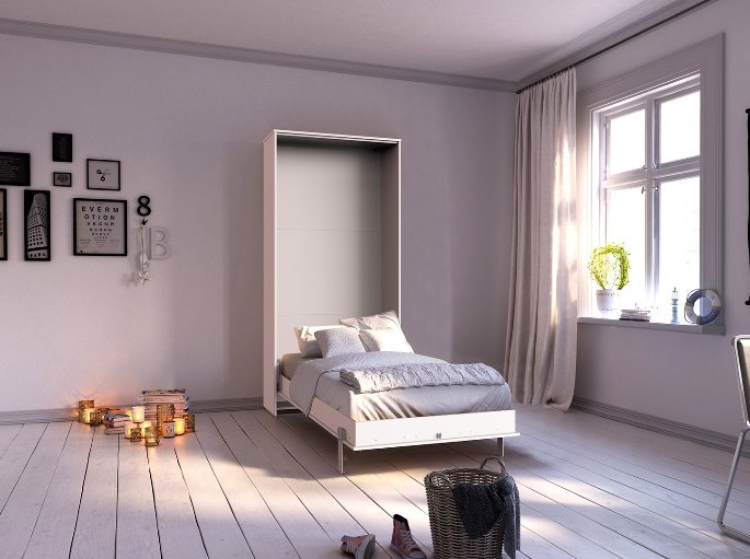 Couchage escamotable ouvert dans une chambre d'enfant, caisson bas sous le mur