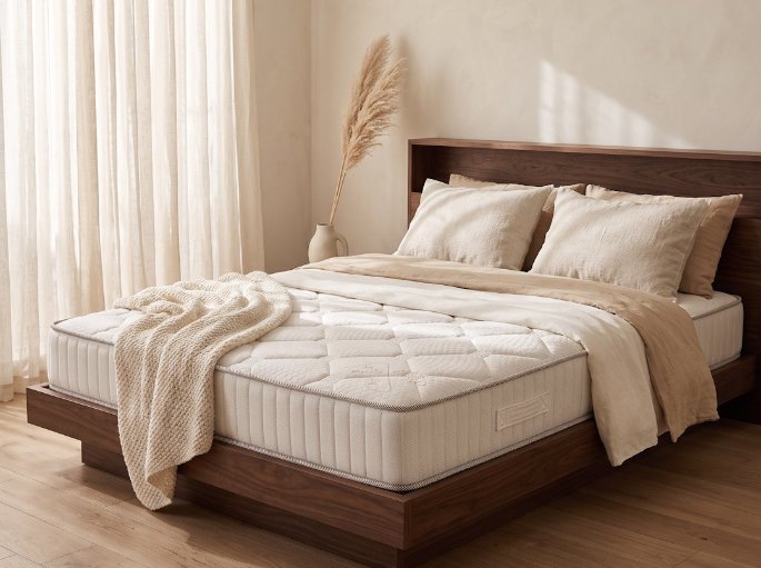 Literie complète en deux places avec plan de couchage à hauteur d'assise dans une chambre claire