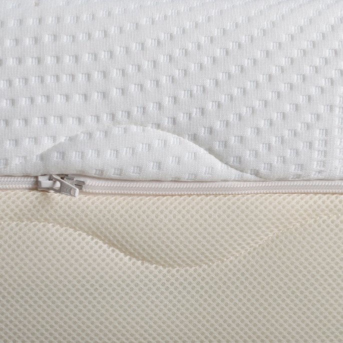 Coupe d'un couchage montrant la housse zippée et la mousse alvéolée en dessous