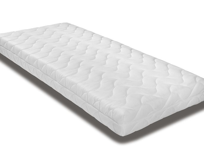 Couchage à suspension métallique vu de trois quarts sur fond clair