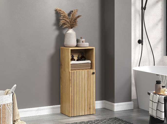 Bac de rangement bas à façade coulissante, teinte chêne clair