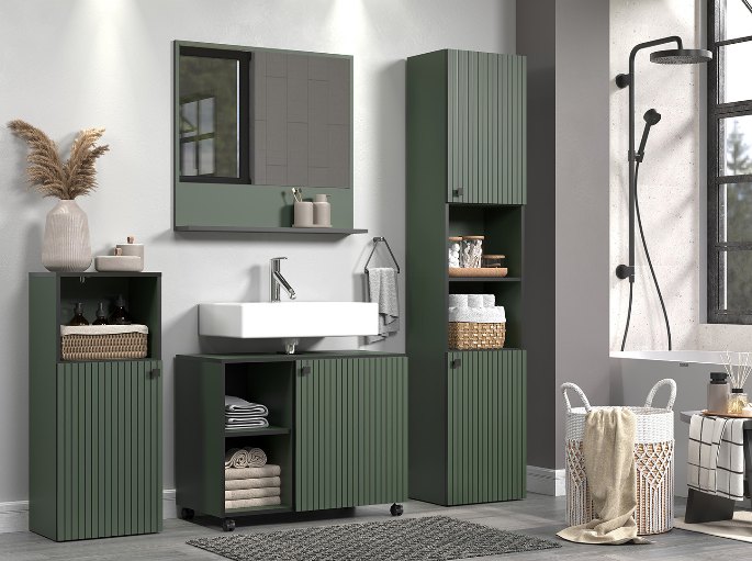 Ensemble de rangement vert olive à cannelures dans une pièce d'eau avec douche à l'italienne