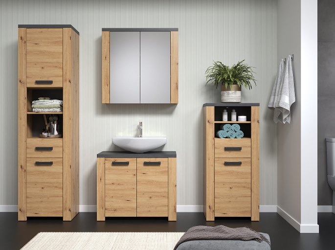 Mobilier en placage bois clair sous une vasque à poser, avec colonne assortie