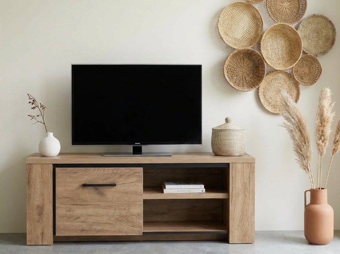 Ambiance naturelle avec banc TV en bois clair, vannerie murale et herbes de la pampa