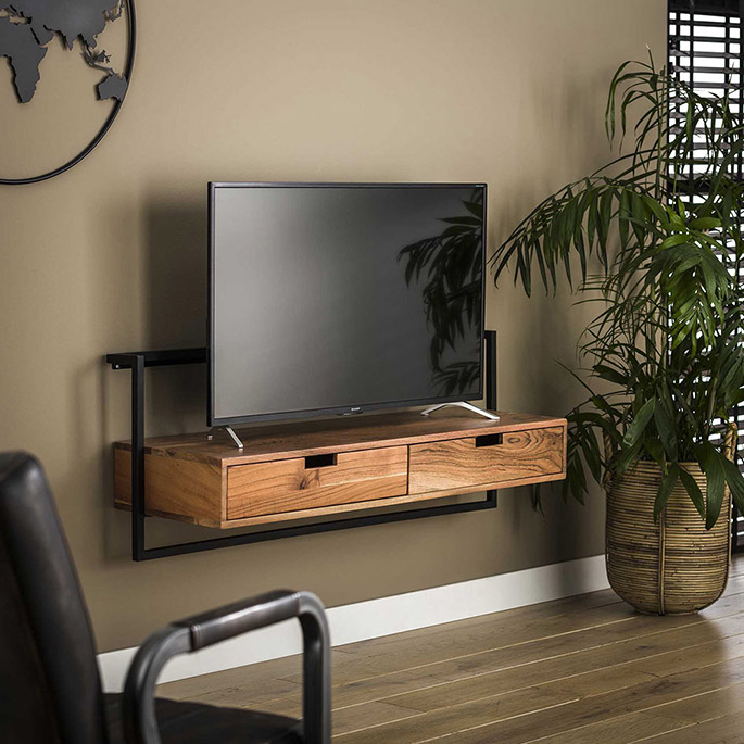 Console basse en acacia et acier avec deux tiroirs apparents