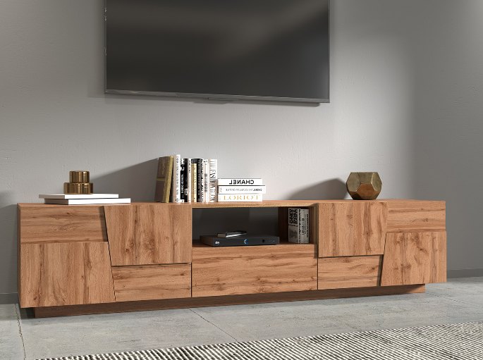 Rangement télé de 220 cm en décor bois clair dans un séjour contemporain