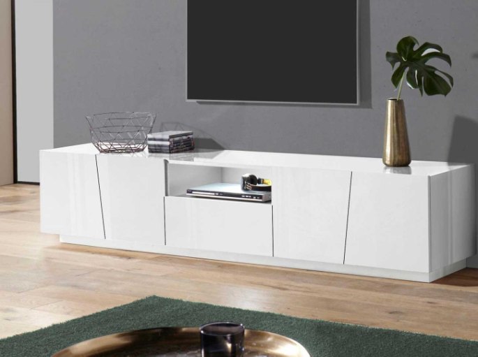 Long rangement bas blanc avec niches centrales pour box et décodeur