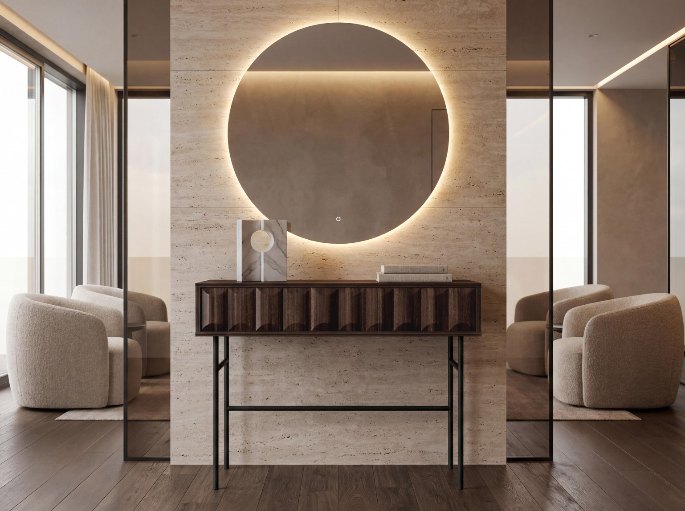 Cadre lumineux circulaire fixé au mur d'un salon contemporain