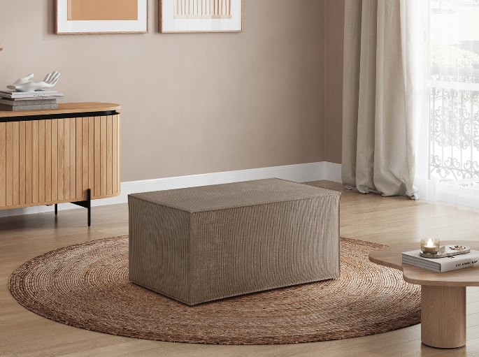 Assise d’appoint cubique posée sur un tapis rond à poils courts