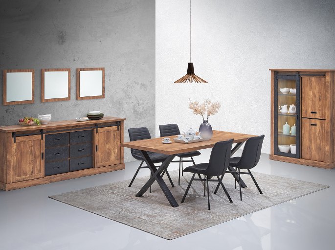 Ensemble de repas en bois foncé avec buffet et vitrine