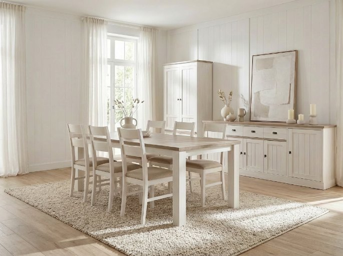 Mobilier de repas en bois clair patiné blanc dans une pièce lumineuse