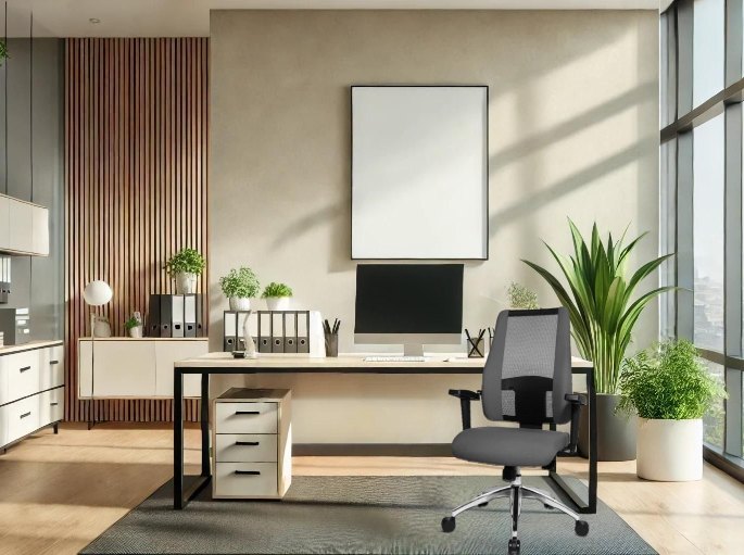 Espace de travail individuel avec plan de travail dégagé et lumière naturelle latérale