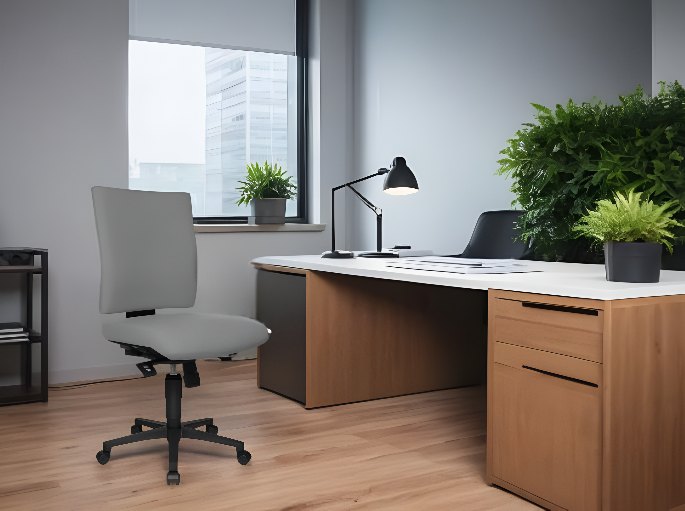 Coin de travail équipé d'une lampe d'appoint orientable près d'une fenêtre
