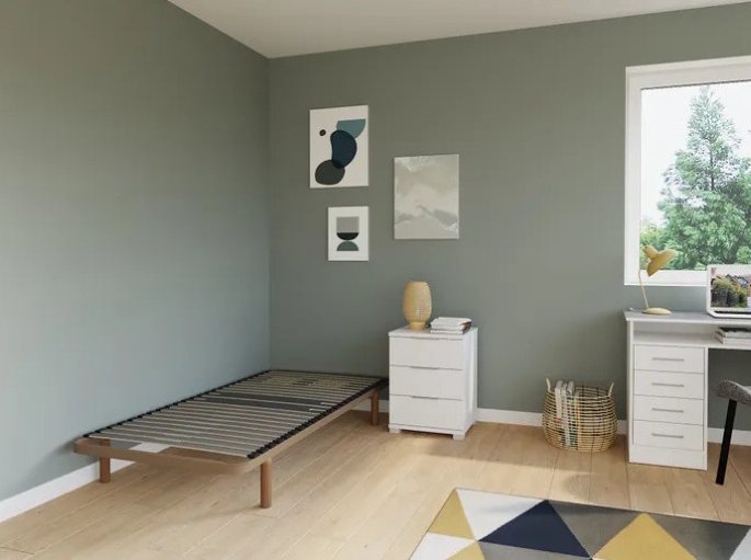 Chambre claire avec un plan de couchage à traverses apparentes en 90 x 190 cm posé au sol