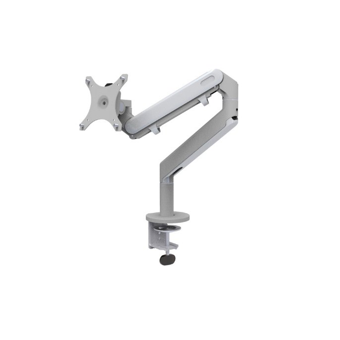 Potence articulée grise à vérin pour moniteur, platine de fixation visible