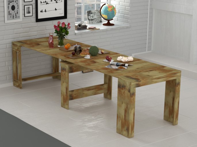 Plateau en décor bois ouvert sur deux allonges pour un repas à quatre