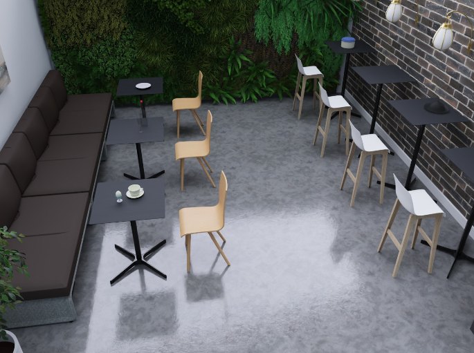 Banquette et plateaux hauts alignés le long d'un mur de cafétéria