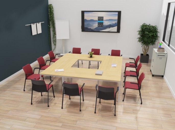 Plateaux assemblés en carré ouvert avec sièges rouges à accoudoirs
