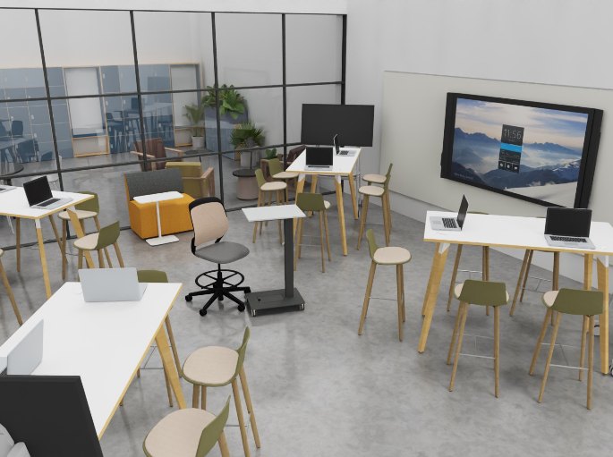 Espace de restauration collective avec plateaux hauts et circulation dégagée