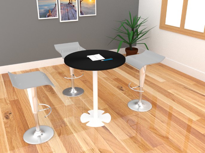 Petit plateau rond noir sur pied central, deux tabourets réglables et parquet clair