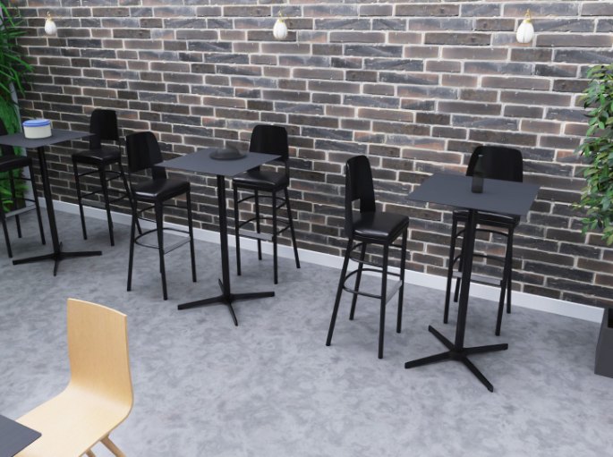 Coin cafétéria équipé de plateaux hauts et de tabourets à repose-pieds