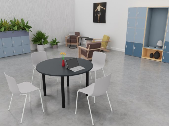 Espace de pause avec une table ronde, quatre sièges coque et des rangements bas en fond