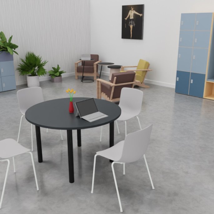 Piètement central à quatre branches sous un plateau rond de 120 cm