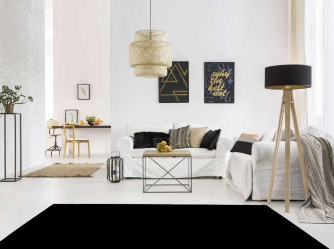 Intérieur blanc et lumineux avec un grand rectangle noir uni à poils ras