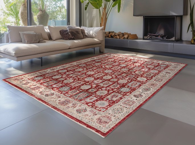 Séjour spacieux avec un long canapé et une pièce textile à motifs déroulée devant l'assise