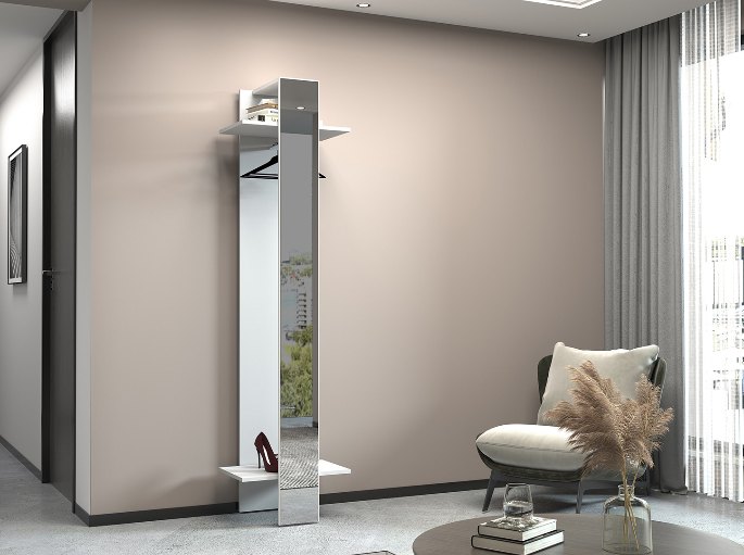 Espace de transition avec rangements fermés et assise basse près de la porte