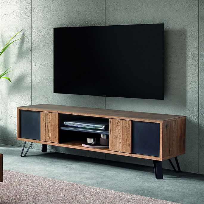 Meuble TV industriel 156 cm chêne noir Nixon