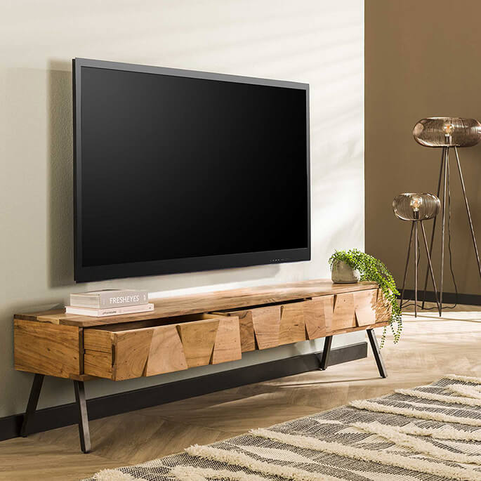 Meuble TV industriel 180 cm en acacia massif naturel Ambre