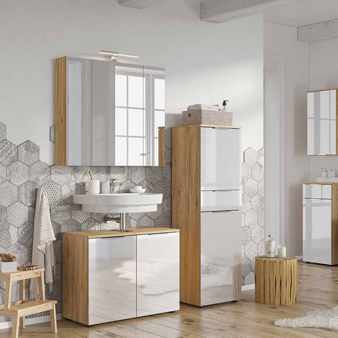Meuble bas de salle de bains moderne chêen/blanc Eldorado