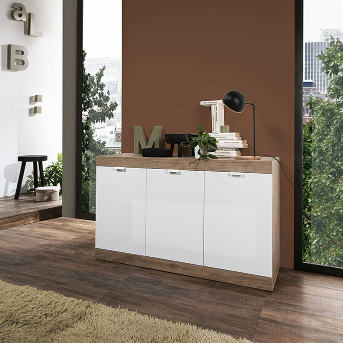 Buffet/bahut contemporain 3 portes chêne blanc laqué virginia